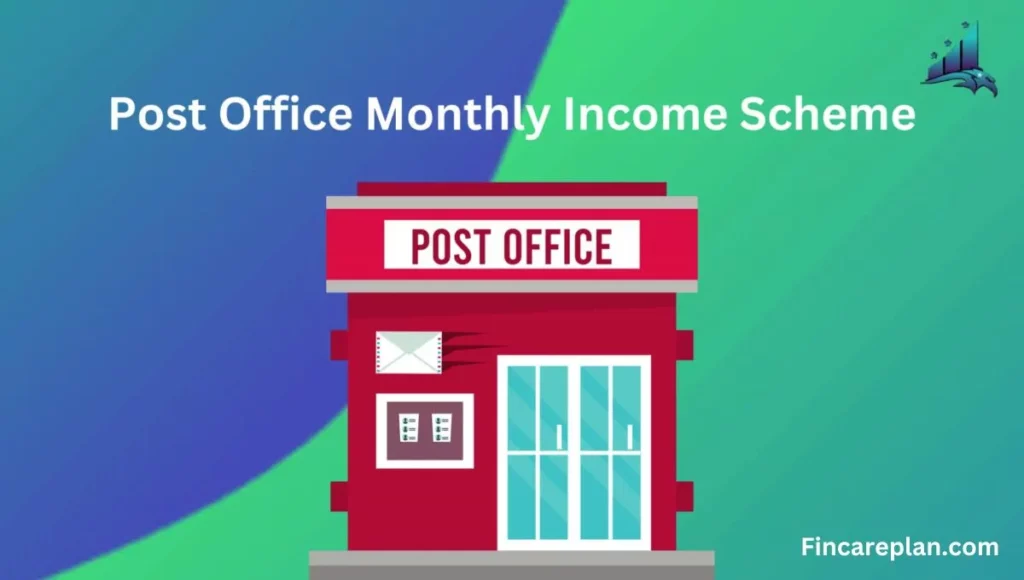 Illustration of a post office with text post office monthly income scheme.